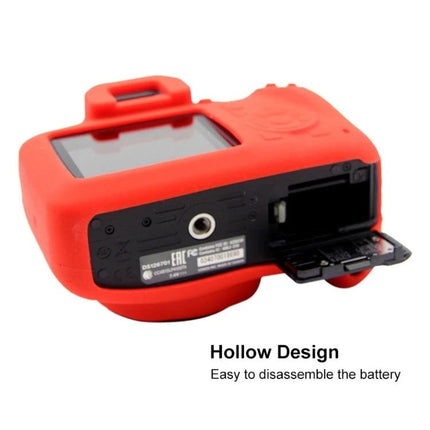 PULUZ Soft Silicone Protective Case for Canon EOS 3000D / 4000D red silicone case showing hollow design and open battery compartment