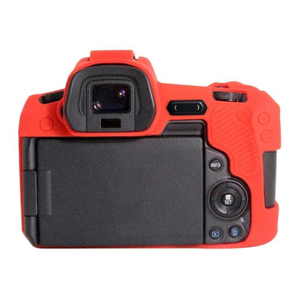 PULUZ Soft Silicone Protective Case for Canon EOS R Camera in red showing rear view with LCD and controls protected