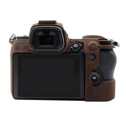 PULUZ Soft Silicone Protective Case for Nikon Z6 and Z7 Cameras showing brown silicone cover on camera back protecting body and controls