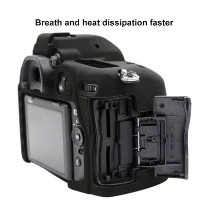 PULUZ Soft Silicone Protective Case for Nikon D780 shown on camera with open memory card door and breathable heat-dissipating design