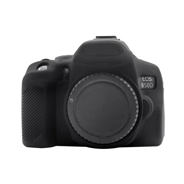 PULUZ Soft Silicone Protective Case for Canon EOS 850D Camera front view showing black silicone cover protecting body and lens mount