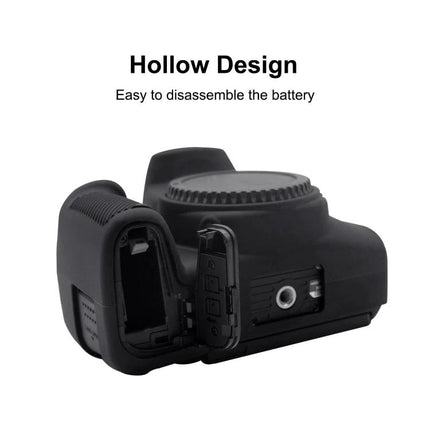 PULUZ Soft Silicone Protective Case for Canon EOS 850D Camera showing hollow design with open battery compartment and easy access to controls