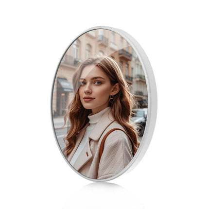 Portable MagSafe Magnetic Makeup Mirror for Selfies and Video Calls showing woman using mirror attached to phone for on-the-go touch-ups
