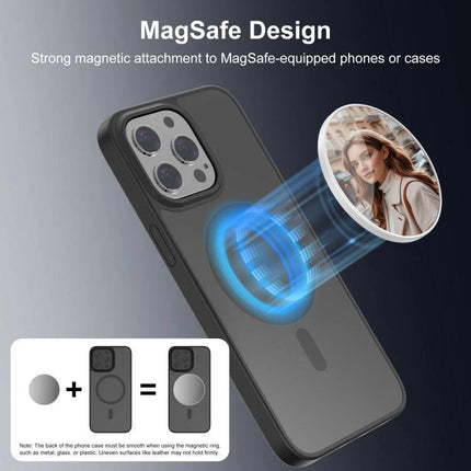 Portable MagSafe Magnetic Makeup Mirror for Selfies and Video Calls attached to phone showing MagSafe alignment and selfie reflection