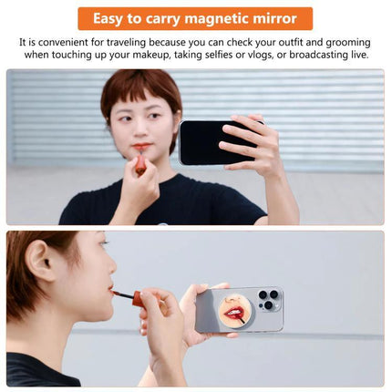 Portable MagSafe Magnetic Makeup Mirror for Selfies and Video Calls attached to phone for on-the-go touch-ups and video calls