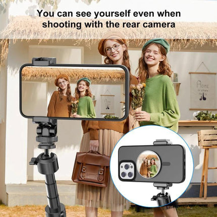 Portable MagSafe Magnetic Makeup Mirror for Selfies and Video Calls attached to phone showing two women reflected for video calls and selfies