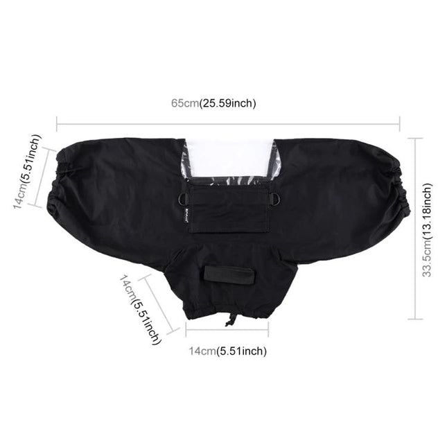 PULUZ Rainproof Protective Cover for DSLR and SLR Cameras shown flat with dimensions and clear viewfinder window