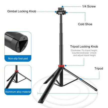 PULUZ Telescopic Tripod for Home and Travel Lighting Sessions showing adjustable height, tripod locking knob, cold shoe and non-slip foot pad
