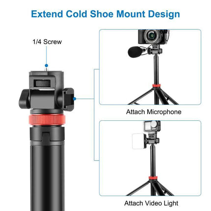 PULUZ Telescopic Tripod for Home and Travel Lighting Sessions with cold shoe mount shown holding microphone and video light