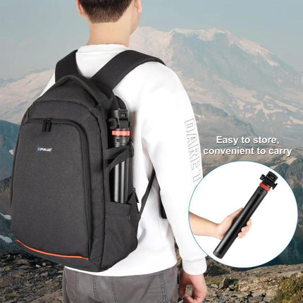PULUZ Telescopic Tripod for Home and Travel Lighting Sessions shown packed in backpack side pocket for easy carry and storage