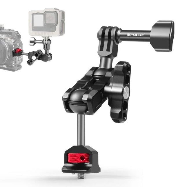 PULUZ Magic Arm Adjustable Aluminum Alloy Camera Mount attached to camera rig showing adjustable joints and GoPro adapter