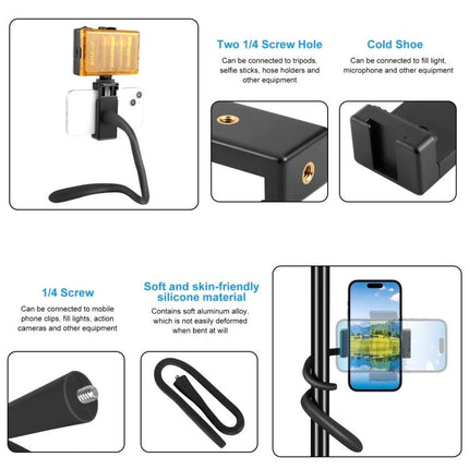 PULUZ Silicone Flexible Mount Holder for Phones and GoPro wrapped around pole holding phone and light with 1/4 screw holes and cold shoe