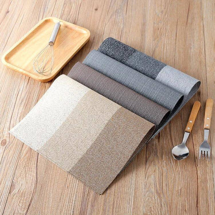 PVC Non Slip Table Mat 30x45cm Easy Clean Placemat in neutral stripe set on wooden table, non slip placemat for everyday dining and easy cleaning
