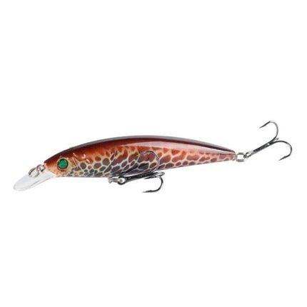 Painted Bionic Fishing Lure For Freshwater Casting, 11cm – brown patterned 11cm lure with 3D bionic eye and treble hooks for lakes and rivers