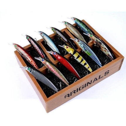 Painted Bionic Fishing Lure For Freshwater Casting, 11cm - assorted painted bionic lures in wooden display box with 3D eyes
