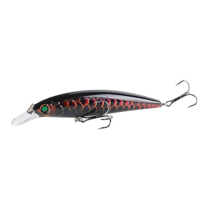 Painted Bionic Fishing Lure For Freshwater Casting, 11cm - black red scale finish with 3D bionic eye and treble hooks for lifelike freshwater casting