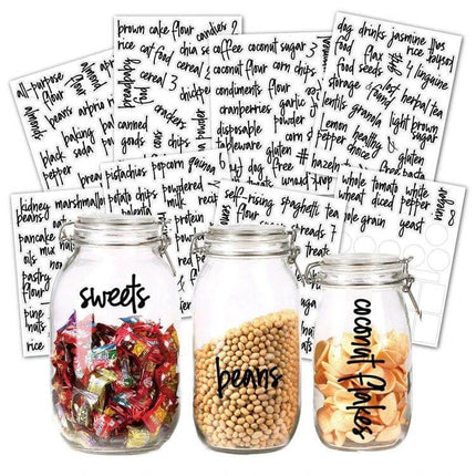 Pantry Label Stickers Waterproof for Jars and Bottles on glass mason jars with handwritten-style labels for sweets, beans and coconut flakes