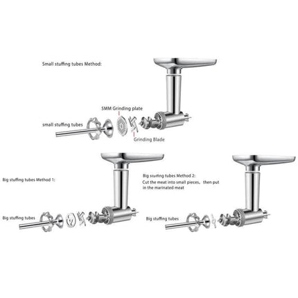 Pasta Grinder Attachment For Kenwood Chef Machines showing stainless steel assembly, grinding blade, 5mm plate and small and big stuffing tubes