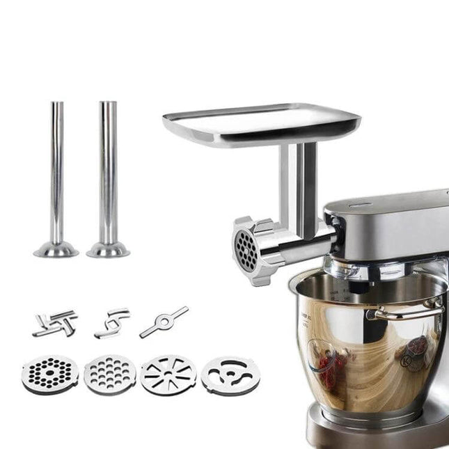 Pasta Grinder Attachment For Kenwood Chef Machines stainless steel pasta grinder set with discs and sausage nozzles attached to mixer