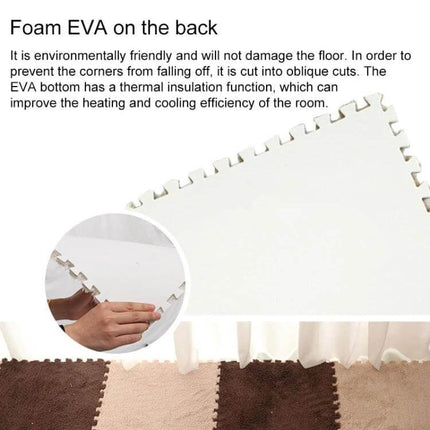 Patchwork Foam Baby Play Mats 30x30 cm 2 Pack For Playtime white EVA foam back with interlocking edges shown on brown and beige patchwork floor