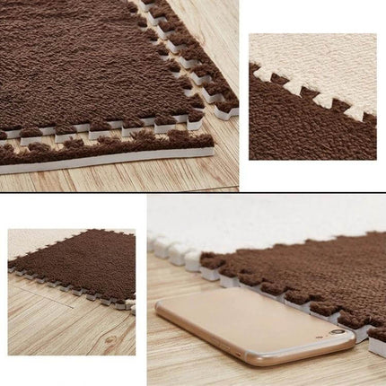 Patchwork Foam Baby Play Mats 30x30 cm 2 Pack For Playtime - brown and cream interlocking EVA foam baby play mats on wooden floor, soft textured surface