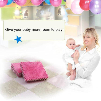 Patchwork Foam Baby Play Mats 30x30 cm 2 Pack For Playtime soft plaid EVA foam mats shown with baby and mom for tummy time and crawling