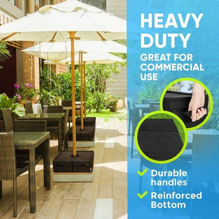 Patio Parasol Fixed Sandbag Cover Round For Windy Weather - black Oxford cloth sandbag cover with handles and reinforced bottom shown on patio umbrella bases
