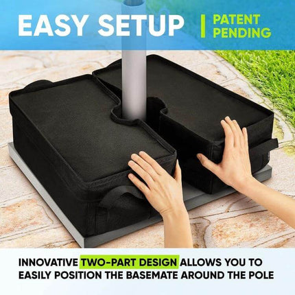 Patio Parasol Fixed Sandbag Cover Round For Windy Weather - two-part black Oxford cloth sandbag cover being placed around umbrella pole for easy setup