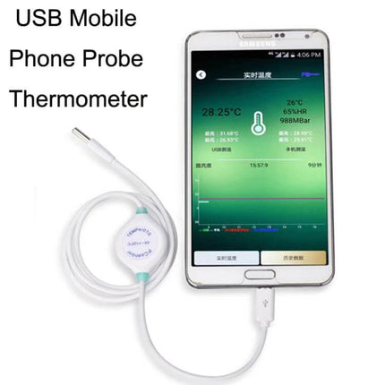 Pcsensor Milk Powder And Fish Tank Thermometer USB Probe connected to smartphone showing temperature app, suction-cup sensor and USB probe for water, food, ambient use