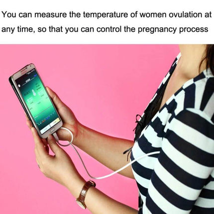Pcsensor Milk Powder And Fish Tank Thermometer USB Probe showing USB probe attached to smartphone measuring temperature for milk, water and ovulation monitoring