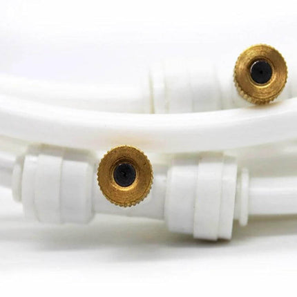 PE Hose Mist Watering Line for Outdoor Garden 18m Length - close-up of 18m PE tubing with brass mist nozzles and white adapters