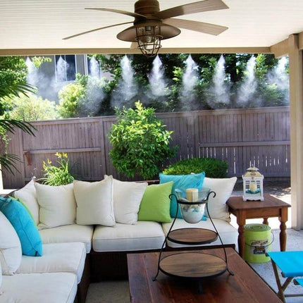 PE Hose Mist Watering Line for Outdoor Garden 18m Length installed on a patio cooling veranda with mist nozzles above seating area