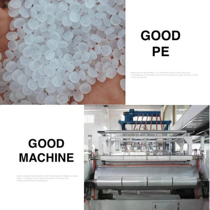 PE Transparent Stretch Wrap Film 15cm x 220m For Pallets - clear PE resin pellets and cast film production machine showing roll output