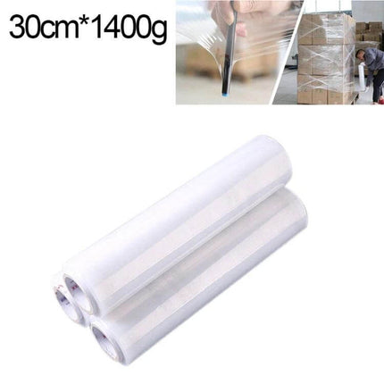PE Transparent Stretch Wrap Film 30cm x 200m clear roll shown with manual wrapping and pallet protection
