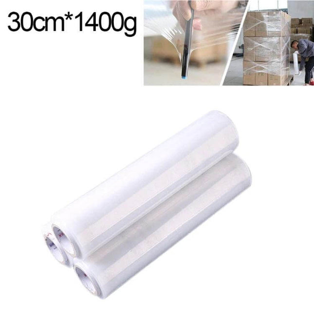 PE Transparent Stretch Wrap Film 30cm x 200m clear roll shown with manual wrapping and pallet protection