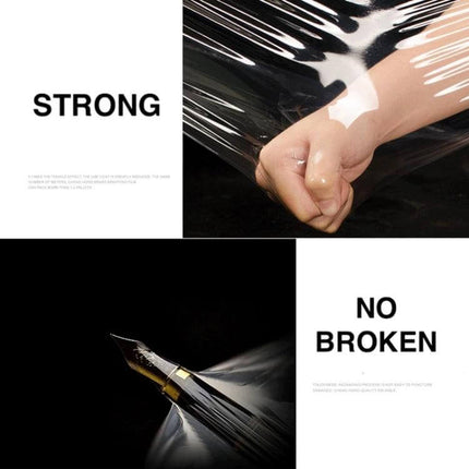 PE Transparent Stretch Wrap Film 30cm x 200m showing clear strong film wrapped around hand and object to demonstrate durability