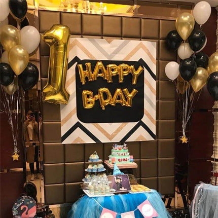 Pearl Latex Balloons, 12 Inch, 45 Pack For Party Decor gold and black party setup with number 1, Happy B-Day backdrop, cake table and balloon clusters
