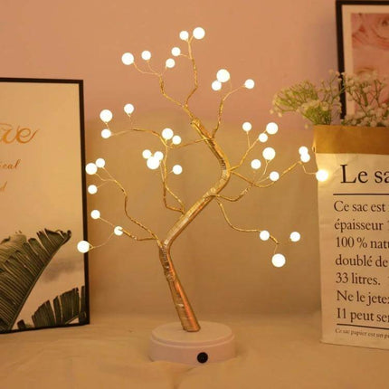 Pearl Tree Copper Wire Table Lamp With Touch Control Night Light showing warm LED bulbs on waterproof copper-wire branches for home decor