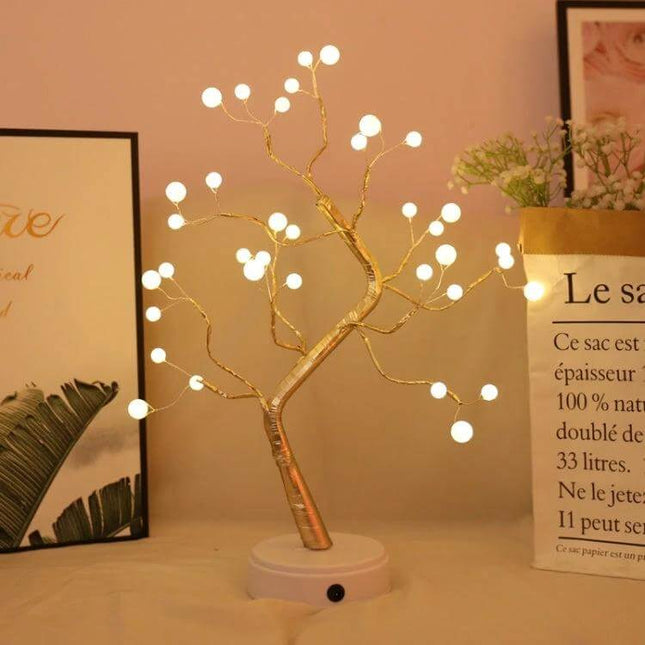 Pearl Tree Copper Wire Table Lamp With Touch Control Night Light showing warm LED bulbs on waterproof copper-wire branches for home decor