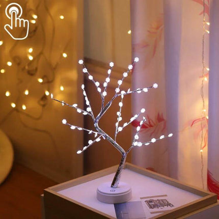 Pearl Tree Copper Wire Table Lamp With Touch Control Night Light on bedside table emitting soft warm LED glow, USB or battery powered, waterproof wire
