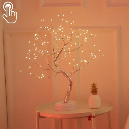 Pearl Tree Copper Wire Table Lamp With Touch Control Night Light on side table emitting warm adjustable glow, USB or battery powered decorative lamp