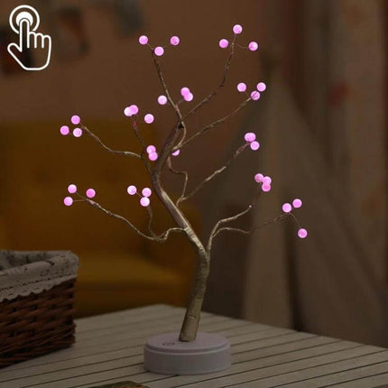 Pearl Tree Copper Wire Table Lamp With Touch Control Night Light glowing pink LED tree lamp on tabletop USB or battery powered decorative night light