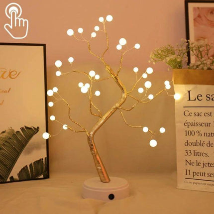 Pearl Tree Copper Wire Table Lamp With Touch Control Night Light - LED waterproof copper-wire tree lamp on white base for home, balcony, office décor