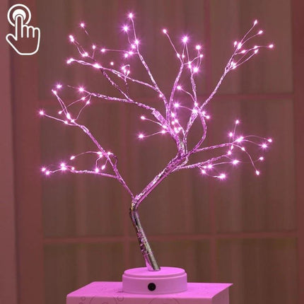 Pearl Tree Copper Wire Table Lamp With Touch Control Night Light on USB powered base glowing soft pink for home, balcony, office or event
