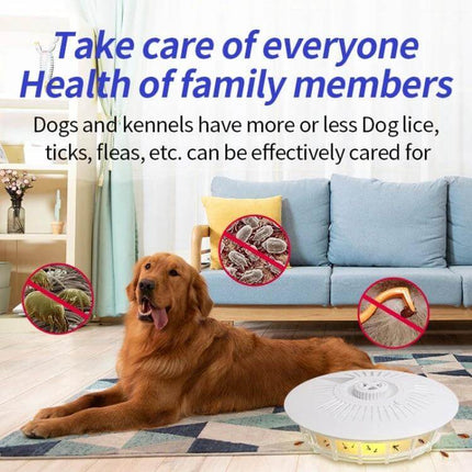 Household Flea Trap Lamp Pearl White For Indoor Pest Control shown in living room with golden retriever protecting family from fleas, ticks, mites and flies