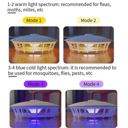 Household Flea Trap Lamp Pearl White For Indoor Pest Control showing Mode 1-4 warm yellow and blue cold light settings for fleas, mites, mosquitoes, flies