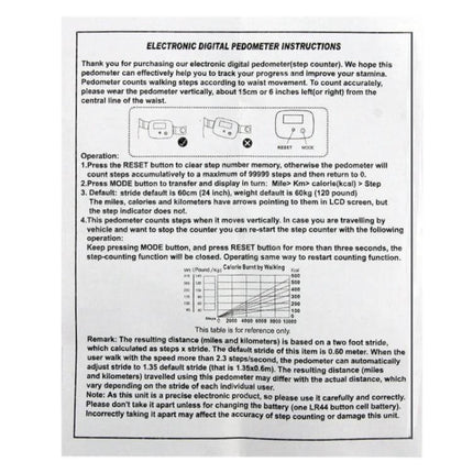 Pedometer Step Counter With Large Display For Daily Walking - instruction manual showing usage, reset/mode buttons, clip placement and settings