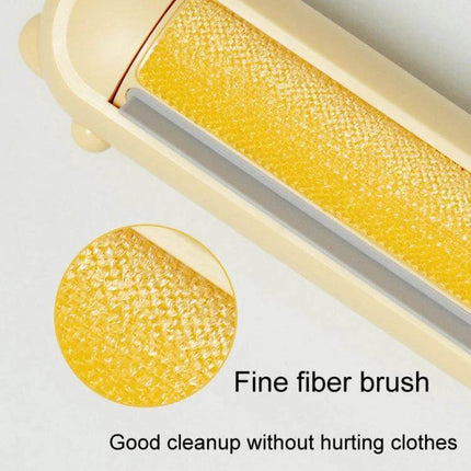 Pet Hair Remover Brush Electrostatic For Clothes And Bedding - yellow fine-fiber brush close-up showing two-way push-pull hair collection and built-in storage chamber