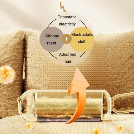 Pet Hair Remover Brush Electrostatic For Clothes And Bedding showing brush picking up hair into built-in chamber on sofa fabric
