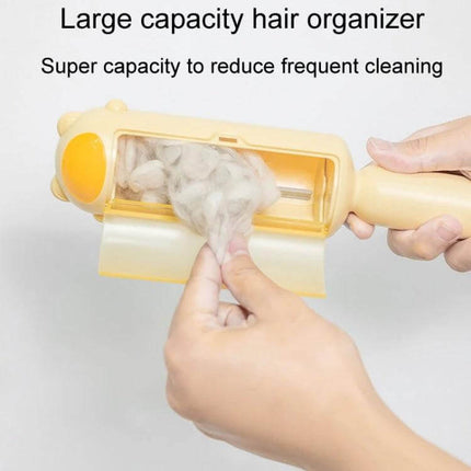 Pet Hair Remover Brush Electrostatic For Clothes And Bedding - yellow lint brush with large built-in hair storage being emptied from clothing and bedding